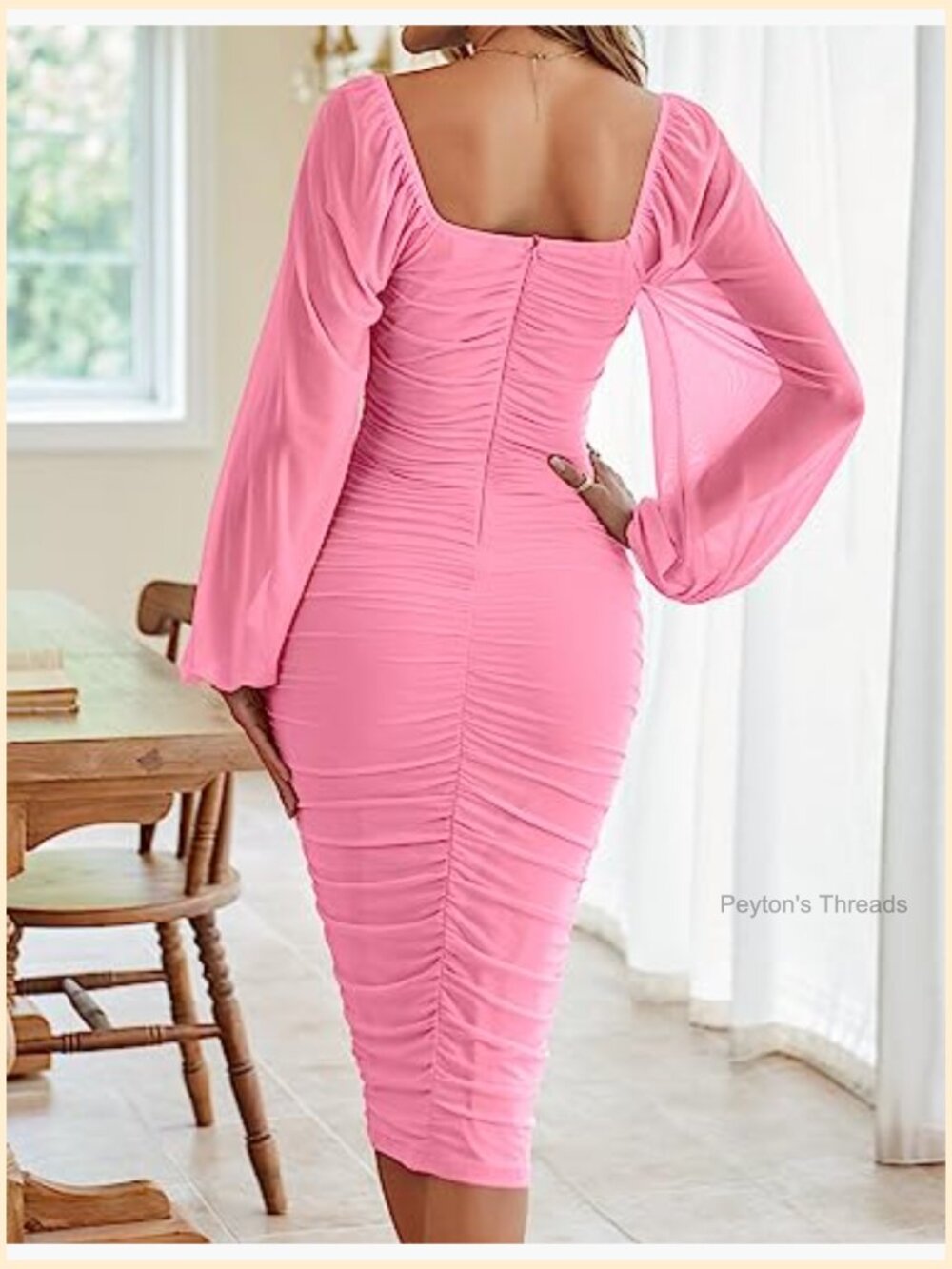 Long Sleeve Bodycon Midi Dress with Ruched Detail Square Neck - Picture 4 of 7